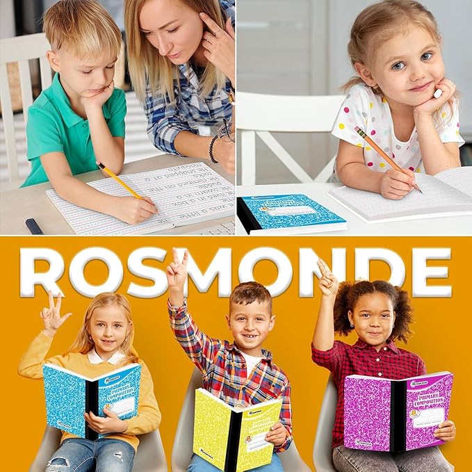 Composition Notebooks Primary Ruled 5 Pack, 200 Pages (100 Sheets), Color Marble Composition Notebook, Sewn Binding Hard Cover, Primary Composition Notebook for Kids, Writing Dotted Lined