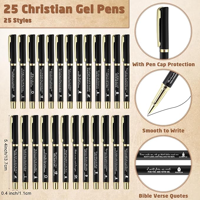 25 Sets Christmas Christian Church Gifts Bulk Bible Verse Plastic Gel Pen Religious Silicone Keychains Scripture Bookmark 2''x 6'' Emergency Numbers Bible Bookmarks Gift Pastor(Black)