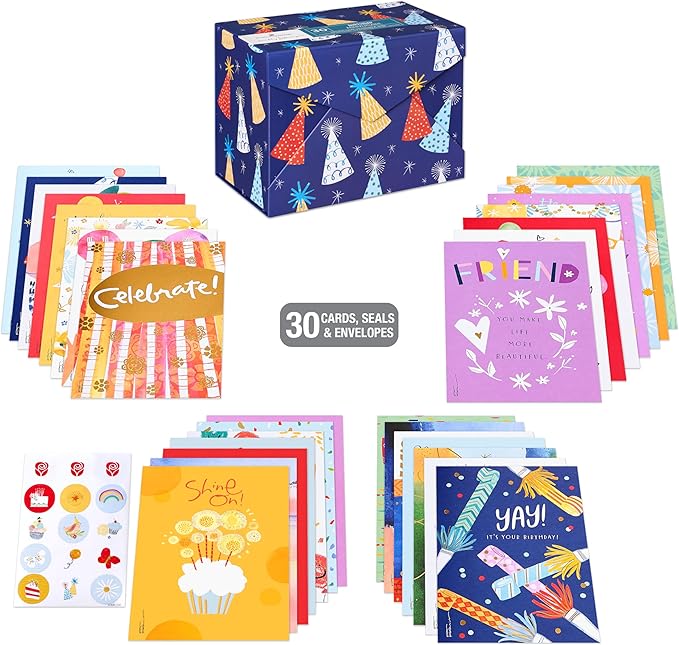 American Greetings 30-Count Birthday Card Assortment Box with Envelopes, Seals, and Storage Box (Kathy Davis Designs, Party Hats)