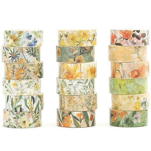 18 Rolls Blossom Washi Tape Set Floral Arts Adhesive Tapes Flowers Garden Decorative Masking Tape Sets for Craft, Kids, Scrapbook, DIY, Gift Wrapping (Golden Harvest)