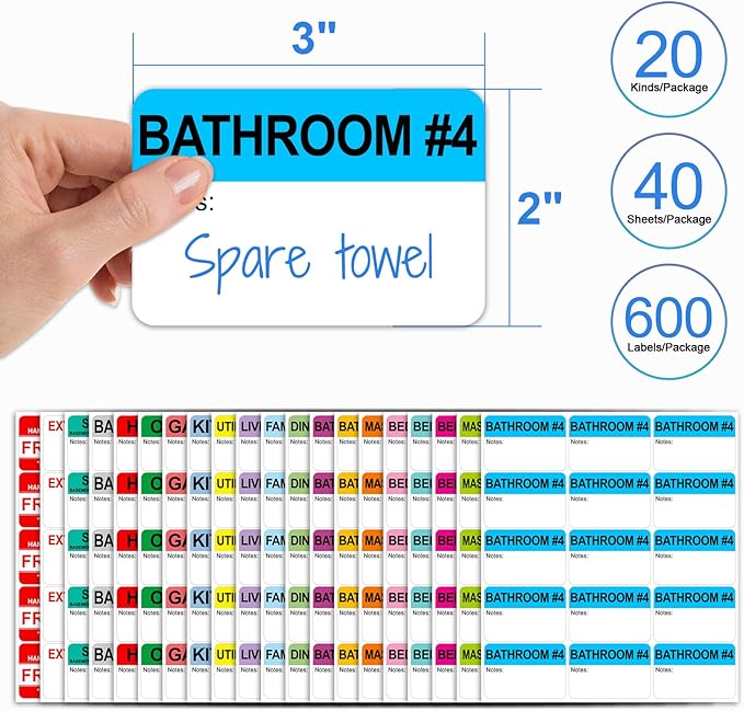 600 Count Home Moving Labels, 3 x 2 Large Labels for 3-4 Bedroom House with Writable Notes Areas, 17 Color Coded Moving Labels for Boxes + Fragile Moving Stickers + Heavy and Blank Labels