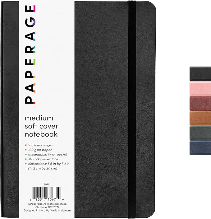 PAPERAGE Softcover Lined Journal Notebook (Black), 160 Pages, Medium College Ruled Notebook, 5.6 inches x 7.9 inches - 100 GSM Thick Premium Paper, Soft Vegan Leather Journal for Home, Work & School