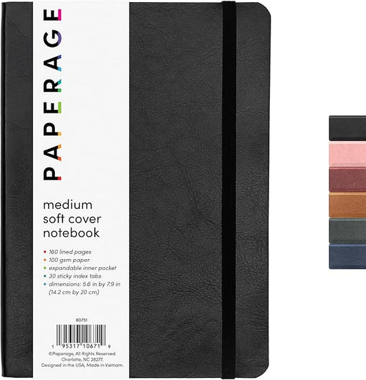 PAPERAGE Softcover Lined Journal Notebook (Black), 160 Pages, Medium College Ruled Notebook, 5.6 inches x 7.9 inches - 100 GSM Thick Premium Paper, Soft Vegan Leather Journal for Home, Work & School