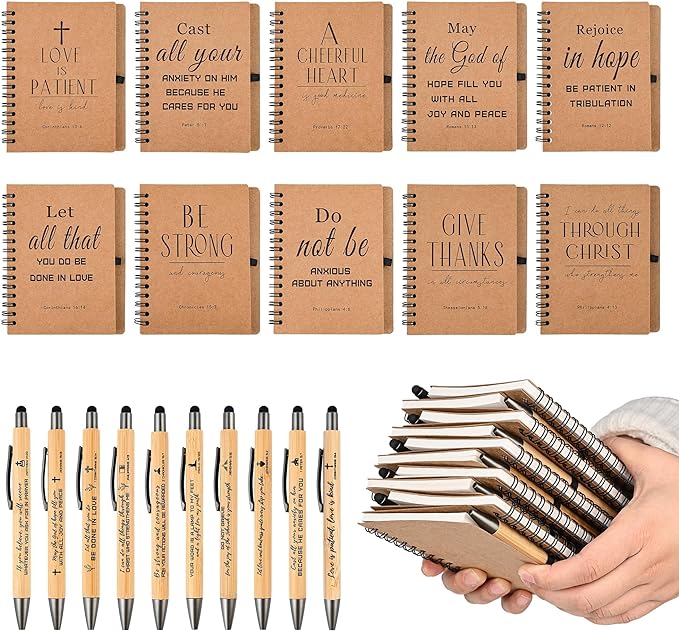 INSADA 30 Sets Bulk Christian Spiral Notebooks with Bamboo Pen Prayer Journal, Small Notepad (5.43”x4.33”) - Easter Gifts for Church Members, Bible Study Groups & Church Families