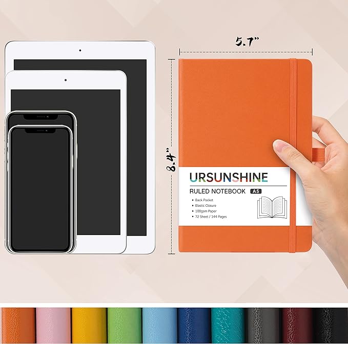 Ruled Notebook/Journal - Classic Lined Journal/Notebook, Hardcover with Thick Paper, 5.7" x 8.4", Banded + Pen Holder +Inner Pocket - Orange