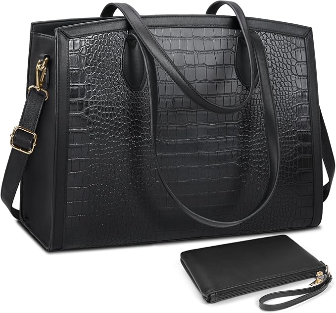 Laptop Bag for Women 15.6 Inch Laptop Tote Bags PU Leather Lightweight Womens Computer Bag Office Shoulder Bag Handbag Large Capacity Fashion Work Briefcase Bag 2PCs Black Crocodile Pattern