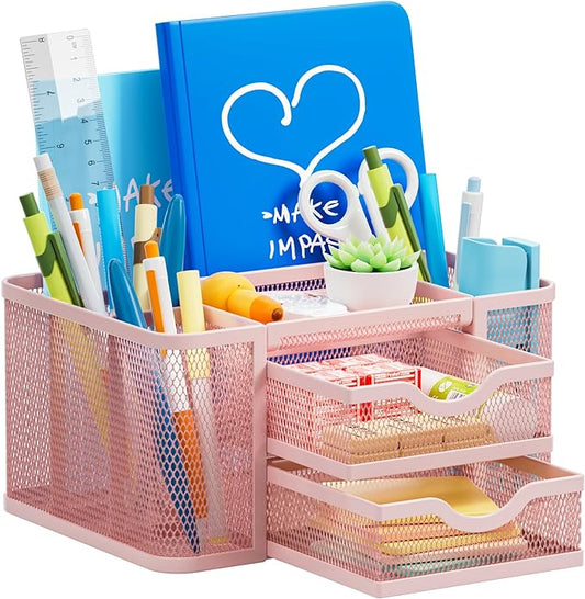 Marbrasse Mesh Desk Organizer, Pen Organizer with 2 Drawer, Multi-Functional Pencil Holder for Desk, Desk Organizers and Accessories with 5 Compartments + Drawer for Office Art Supplies (Pink)