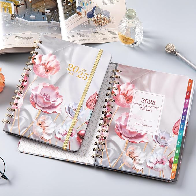 2025 Planner - 2025 Planner Weekly and Monthly with Tabs, Jan. 2025 - Dec. 2025, Calendar Planner 2025, 6.3" x 8.4", Hardcover with Back Pocket + Thick Paper - Pink Flower
