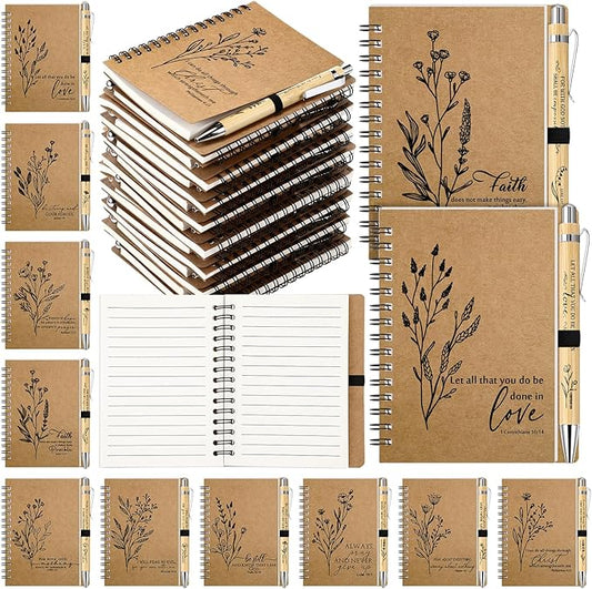 40 Pcs Bible Verse Spiral Notebook with Bamboo Christian Ballpoint Pens Aesthetic Religious Notepads Inspirational Journals Easter Christian Gifts for Women Men Office (Classic Style)