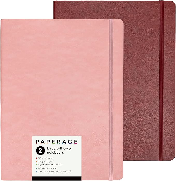 PAPERAGE 2-Pack Softcover Lined Journal Notebook (Blush & Burgundy), 176 Pages, Large B5 College Ruled Notebook, 7.6 inches x 10 inches - 100 GSM Thick Premium Paper, Soft Vegan Leather Journal for Home, Work & School