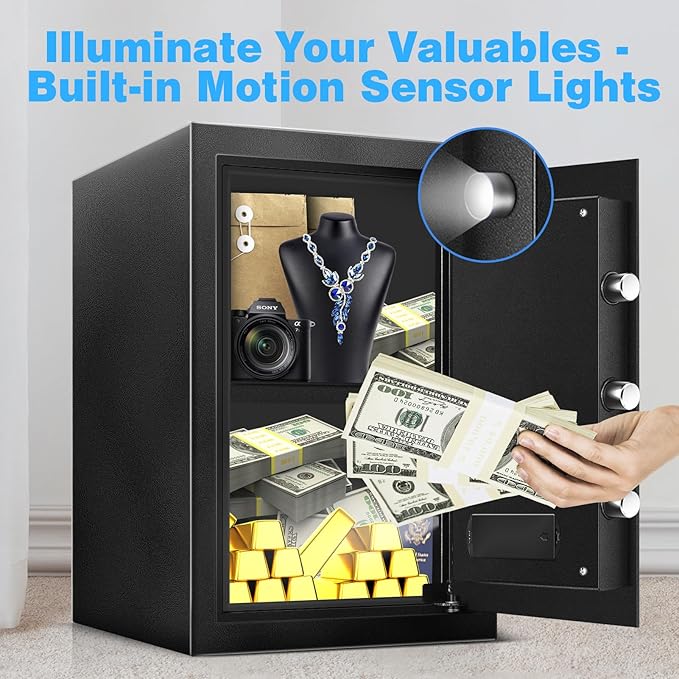 2.5 Cu Home Safe Box, Durable Digital Safe with Movable Partition, Smart Alarm, Silent Keypad Mode, and Motion Sensor Lights for Home, Office, Dorm, and Hotel Use