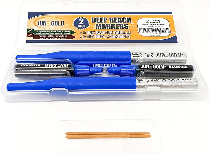 June Gold 2 Blue Deep Reach Markers, 2 Ink Refill Bottles, 2 Tip Replacements, 30 mm Reach & 2 mm Felt Tip