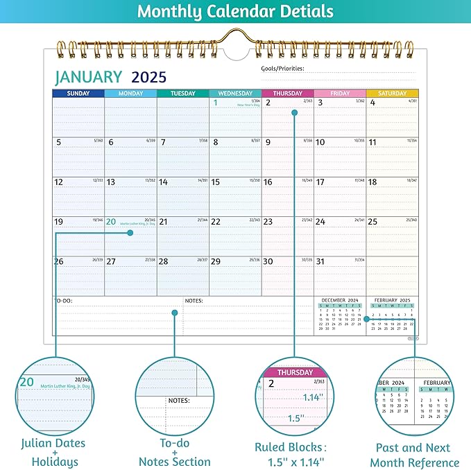 Wall Calendar 2025-2026 – 2 Year Calendar 2025-2026, 11 x 8.5 In, Jan 2025 - Dec 2026, 2025 Calendar 24 Months, Small Monthly Calendar 2025, with Ruled Blocks, Thick Paper, Holidays, To-dos ＆ Notes