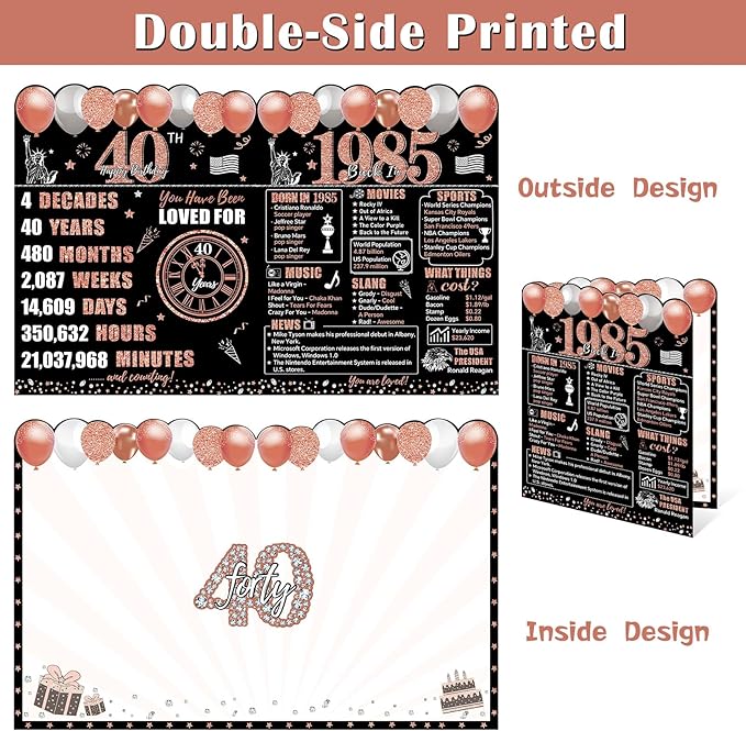 Zirtorei Large 40th Birthday Card With Envelope for Women, Back in 1985 Big 40th Birthday Greeting Card Gifts, Rose Gold Happy 40 Birthday Giant Guest Book, Jumbo Forty Bday Decorations Party Supplies