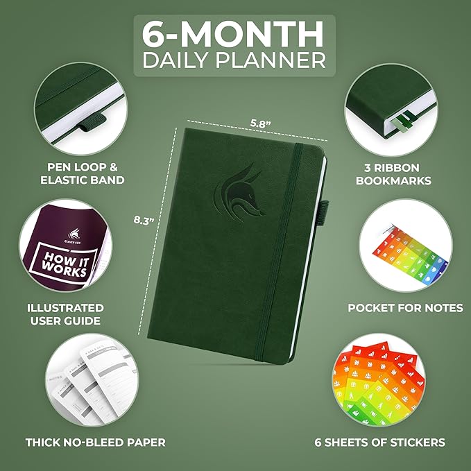 Clever Fox Daily Planner – Undated Planning Notebook with Hourly Schedule & to-Do List – Personal Day Task & Work Organizer, 6 Months (Forest Green)