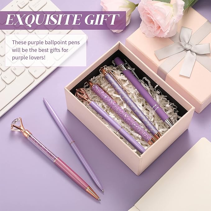 6 Pcs Ballpoint Pens Set Metal Crystal Diamond Pen for Journaling Glitter Pretty Cute Stationery Black Ink Fancy Gifts for Women Girls Teacher Office Wedding School Supplies(Purple Series)