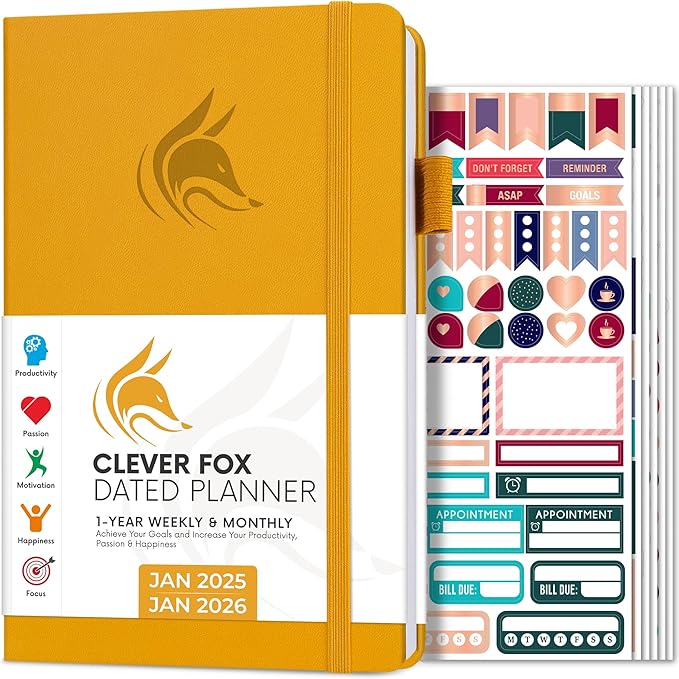 Clever Fox Dated Planner 2025-2026 – Weekly Life Planner Notebook for Goal Setting & Time Management – Planner with Habits Tracker, to-do List & Dated Pages – A5, Lasts 1 Year Amber Yellow)