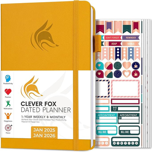 Clever Fox Dated Planner 2025-2026 – Weekly Life Planner Notebook for Goal Setting & Time Management – Planner with Habits Tracker, to-do List & Dated Pages – A5, Lasts 1 Year Amber Yellow)