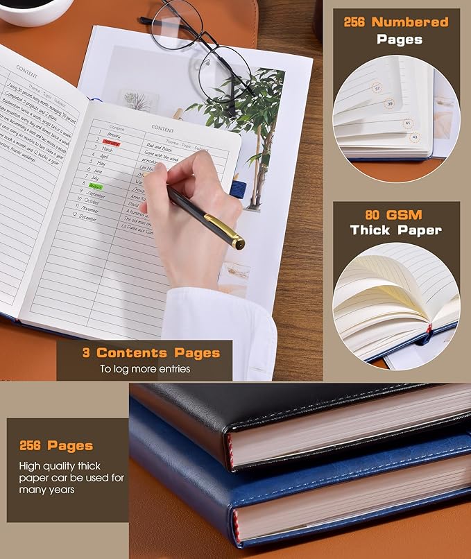 Lined Journal Notebook for Women Men, 256 Numbered Pages Hardcover Leather Journals for Writing, A5 Journaling Notebooks, College Ruled Journal for Business Work School 5.75" x 8.38" Navy Blue