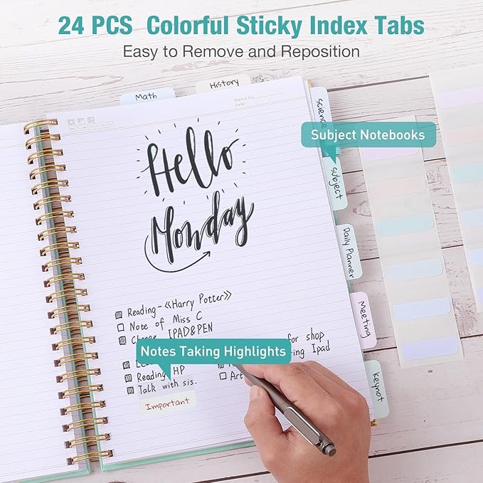 Spiral Notebook, College Ruled Notebook, A5 300 Pages Leather Journals for Writing, 5.7" x 8.5" Hardcover Journaling Notebooks for Work School, 24pcs Tabs, Large Embossed Journal for Women Men, Purple