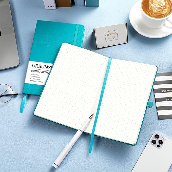 Dotted Journal/Notebook - Dot Grid Hard Cover Notebook, Premium Thick Paper with Fine Inner Pocket, Black Smooth Faux Leather, Pen Loop, 5.3'' x 8.26'' - Cyan
