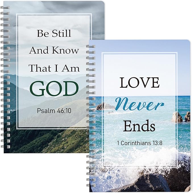 2Pack A5 Natural Scenery Religious Spiral Notebooks - Love Never Ends Bible Verses Notebooks, Ruled Hardbound Lined Journal, Inspirational Christian Christmas Gift, Sunday School Supplies