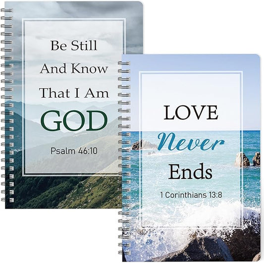 2Pack A5 Natural Scenery Religious Spiral Notebooks - Love Never Ends Bible Verses Notebooks, Ruled Hardbound Lined Journal, Inspirational Christian Christmas Gift, Sunday School Supplies