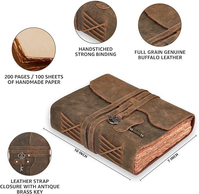 LEATHER VILLAGE Vintage Leather Journal – 200 Handmade Vintage Deckle Edge Paper – Leather bound Journal For Women Men – Vintage Key Closure - Book of Shadows - Chocolate Brown - 10X7 inches