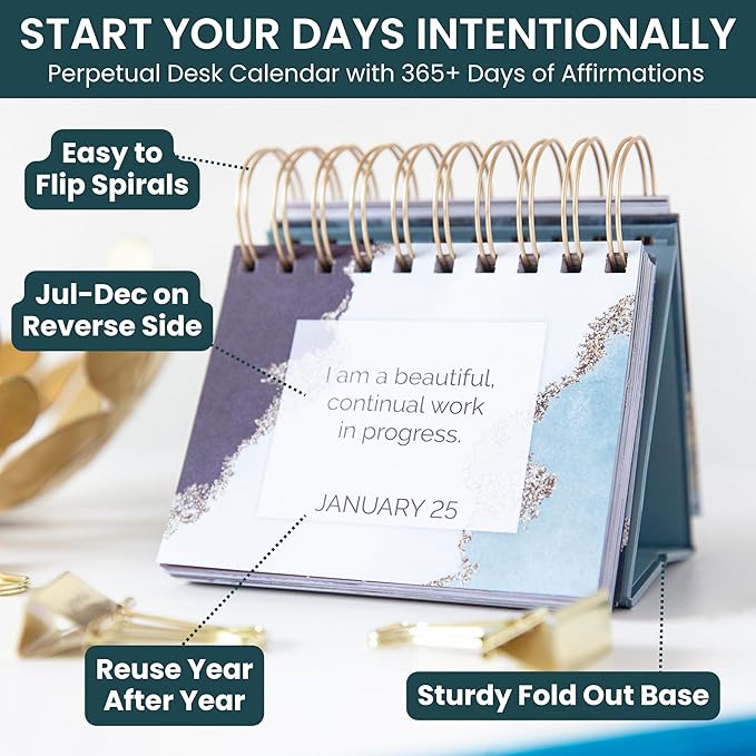 bloom daily planners Undated Perpetual Desk Easel/Inspirational Standing Flip Calendar - Motivational Page a Day - (5.25" x 5.5") - Positive Daily Affirmations