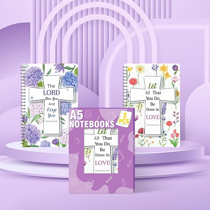2Pack A5 Floral Cross Religious Spiral Notebooks - Bible Verses Writing Notebooks, Ruled Hardbound Lined Journal, Inspirational Christian Christmas Gift, Sunday School Supply (Purple & Yellow)