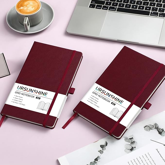 Graph Grid Paper Notebook/Journal - Classic Journal/Notebook with Ribbon Divider, Hardcover with Thick Paper, 5.3" x 8.26", Banded + Pen Holder +Inner Pocket - Burgundy
