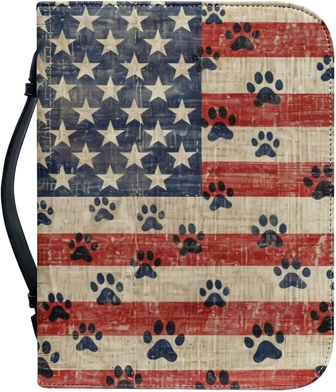 Lotusorchid American Flag Paw Bible Covers for Women Men PU Leather Bible Case Bible Bag Tote Book Carrying Case Christian Bible Accessories
