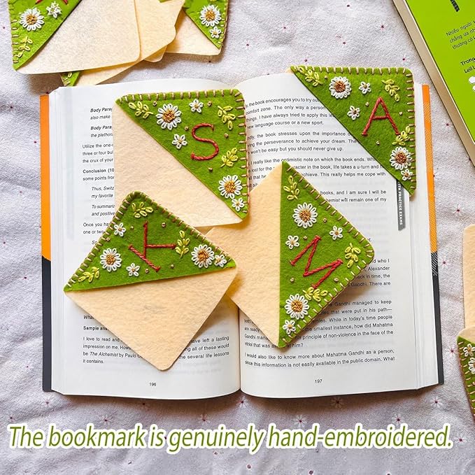 Personalized Hand Embroidered Corner Bookmark, Bookmarks for Women, Personalized Bookmark for Book Lovers, Cute Flower Book Mark by HNQCPCVU (X, Green)