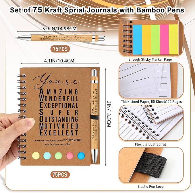 Jetec 75 Sets Bulk Employee Appreciation Gifts Bulk Inspirational Spiral Notebook with Note Ballpoint Pen Thank You Gifts for Volunteer Social Worker Nurse Staff Coworker Students (Amazing)