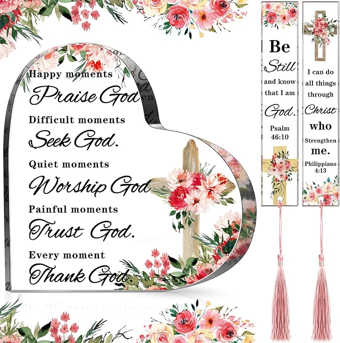 3 Pieces Christian Gifts for Women Religious Gifts for Women Praise God Bookmark and Acrylic Heart Paperweight Set Cheer up Gifts for Women Bible Verses Decor Happy Moment Praise God Decor