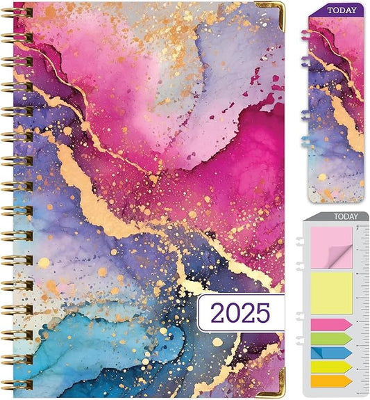 HARDCOVER 2025 Planner, 5.5"x8": 14 Months (November 2024 - December 2025), Daily Weekly Monthly Planner, Yearly Agenda, Bookmark, Pocket Folder and Sticky Note Set (Rainbow Gold Marble)