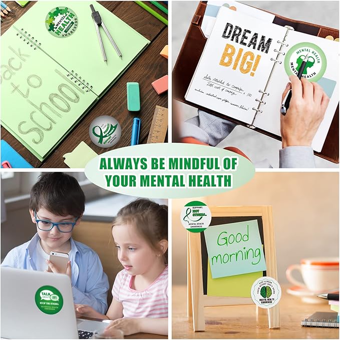 1000 Pieces Mental Health Awareness Stickers Small Green Ribbon Awareness Stickers Mental Health Gifts for Adult Women Men Teens Kids Fundraiser Event Mental Health Handout Supplies, 8 Styles