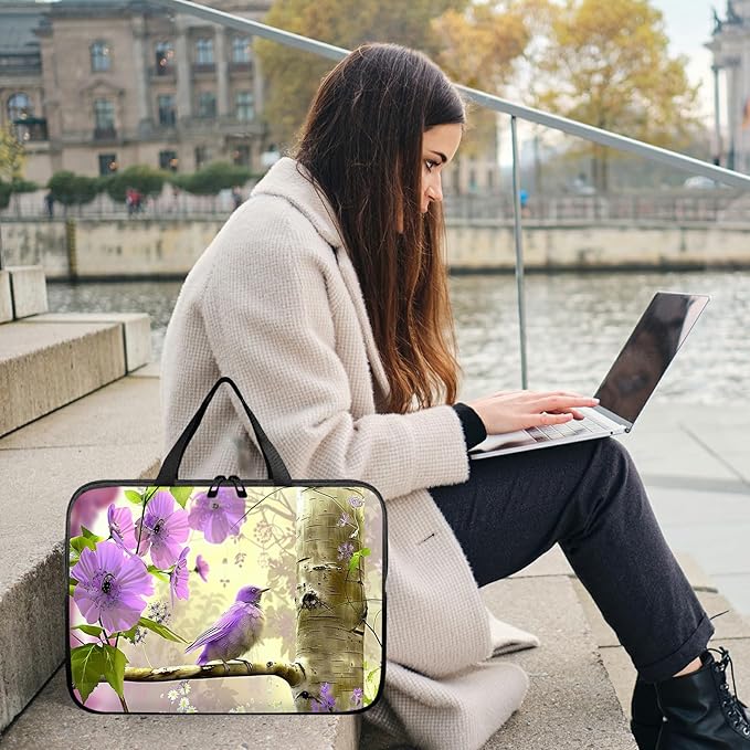 Laptop Sleeve Case Bag 15 inch, Purple Florals Hummingbird Slim Carrying Case Durable Handbag Travel Laptop Bag for 15 inch MacBook Air M3/M2/15 Pro/Surface Laptop 7/6/5/4/3/ Dell XPS 15 Plus