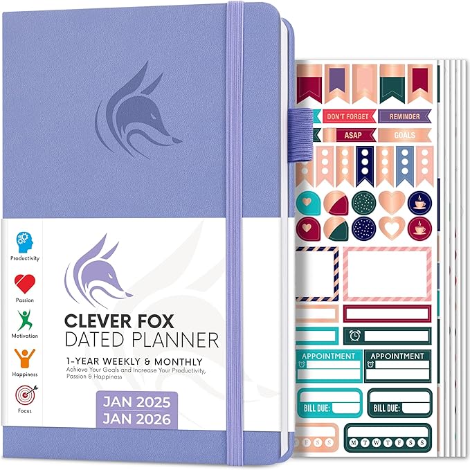 Clever Fox Dated Planner 2025-2026 – Weekly Life Planner Notebook for Goal Setting & Time Management – Planner with Habits Tracker, to-do List & Dated Pages – A5, Lasts 1 Year Lavender)
