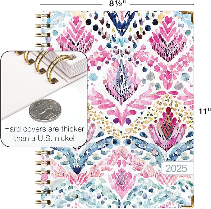HARDCOVER 2025 Planner, 8.5"x11": 14 Months (November 2024 - December 2025), Daily Weekly Monthly Planner, Yearly Agenda, Bookmark, Pocket Folder and Sticky Note Set (Boho Ikat)