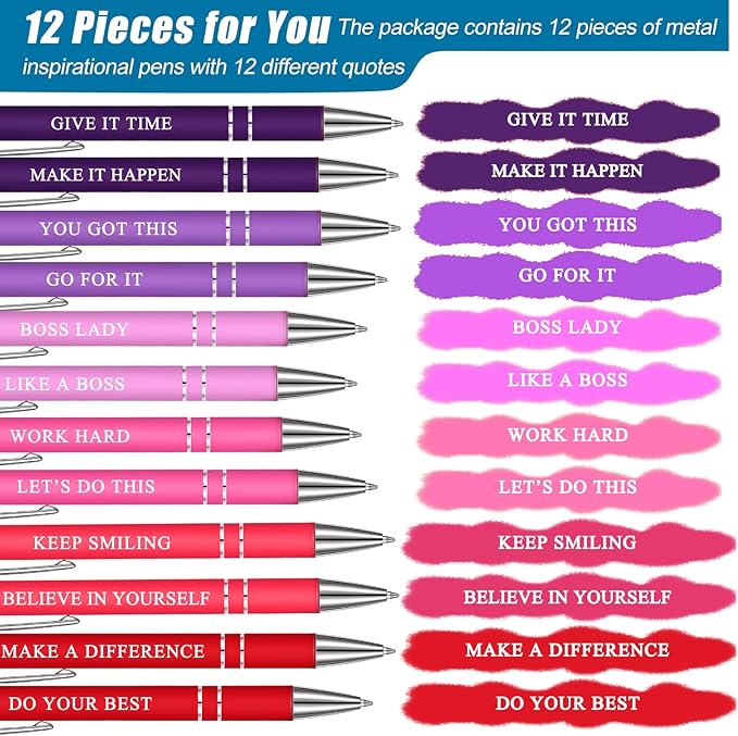 Zonon 12 Pieces Inspirational Pens Bulk Easter Basket Stuffers Motivational Quotes Ballpoint Pens with Stylus Tip Inspirational Gifts for School Office Teachers(Pink Purple Colors,Boss Lady)
