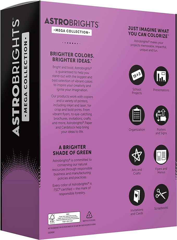 Astrobrights Mega Collection Colored Paper, 8 ½ x 11, 24 lb/89 gsm, Bright Purple, 625 Ct. (91675) "Amazon Exclusive" - More Sheets!