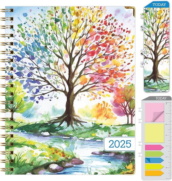 HARDCOVER 2025 Planner, 7"x9": 14 Months (November 2024 - December 2025), Daily Weekly Monthly Planner, Yearly Agenda, Bookmark, Pocket Folder and Sticky Note Set (Tree Seasons)