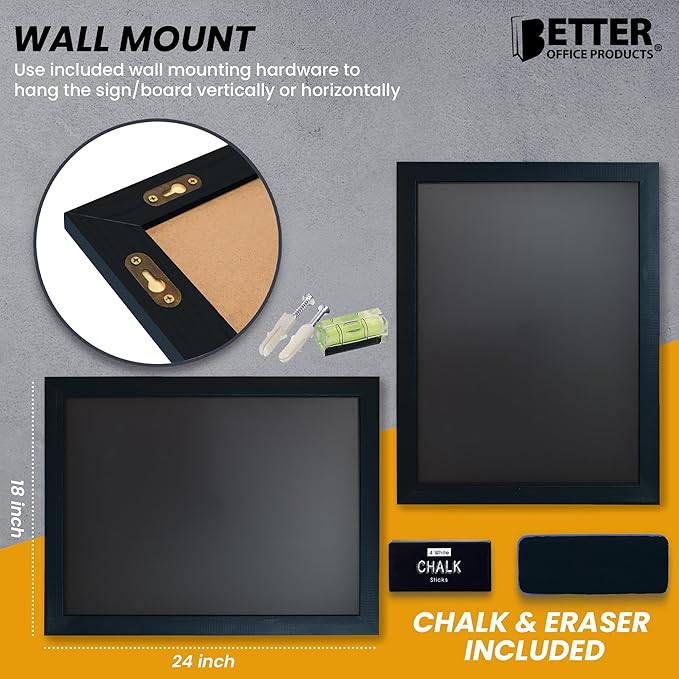 Magnetic Wall Chalkboard, Large Size 18" x 24", Rustic Wood Frame, Chalkboard Sign, Vertical or Horizontal Wall Mount, Includes Chalk and Eraser, by Better Office Products (Solid Black)