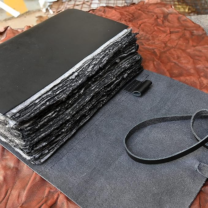 Vintage Black Leather Journal - 200 Pages Gray Deckle Edge Rustic Paper, Unlined Pages Book of Shadows, Grimoire, Junk Notebook, Fantasy Medieval Gifts, Sketchbook, Scrapbook (Raven Black, 7"x5")