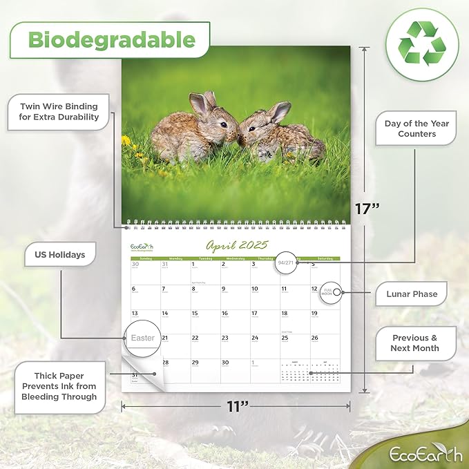 EcoEarth Biodegradable 11x17 Inch (Open) 12-Month Vertical Hanging Wall Calendar, Jan 2025 - Dec 2025 Monthly Calendar, Baby Animals