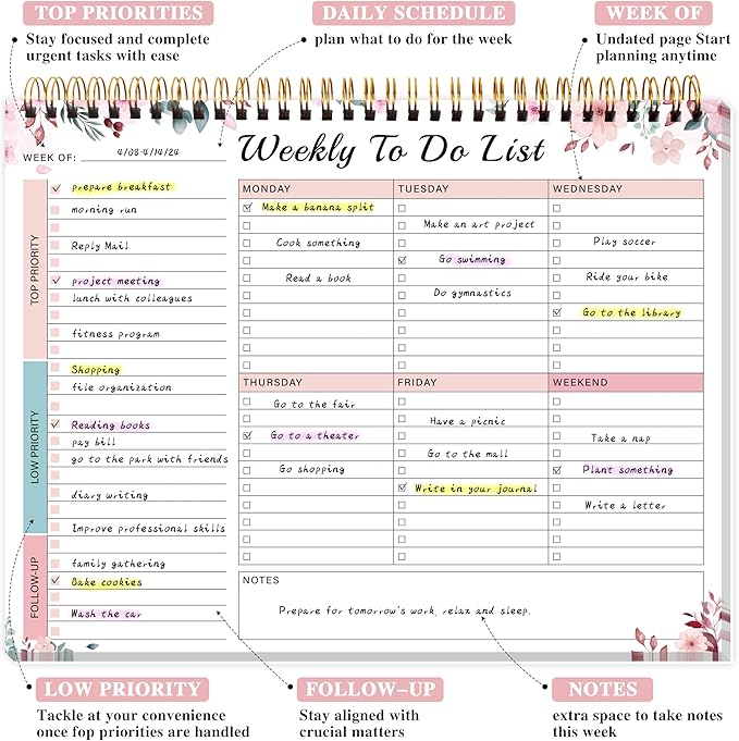 Weekly To Do List Notepad with 52 Undated Sheets（8.5"×11"）- Undated Weekly Desk Planner for Women & Man, School/Office Supplies - Whispering Petal