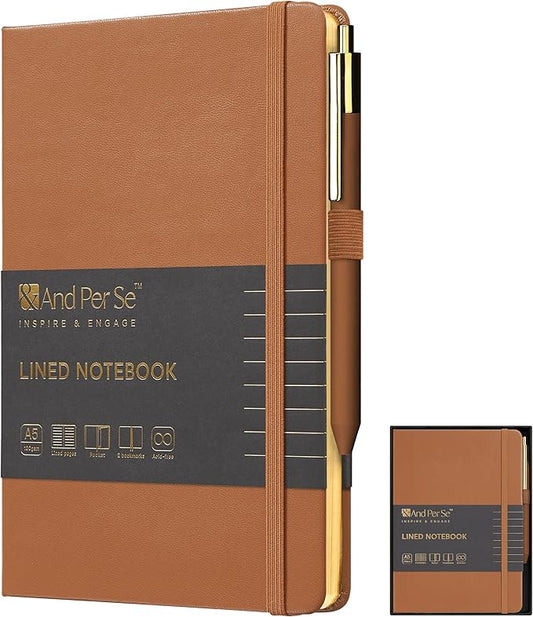 A5 Lined Leather Journal and Pen Set, Hardcover Notebook with Pen, 160 Pages 100gsm Thick Ruled Paper for Men Women, for Work, Business, School or Home Writing, 5.7'' x 8'', Gift Box Included (Light Brown)