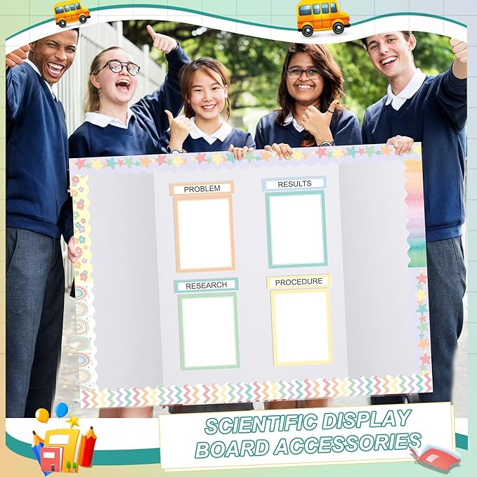 90 Pcs Science Fair Board Supplies 60 Trim Scalloped Bulletin Board Borders 24 Presentation Board Subtitles 6 Science Fair Titles for Classroom Display Boards (Pastel)
