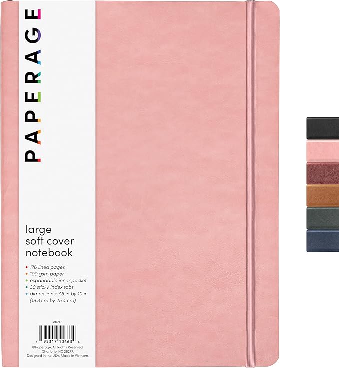 PAPERAGE Softcover Lined Journal Notebook (Blush), 176 Pages, Large B5 College Ruled Notebook, 7.6 inches x 10 inches - 100 GSM Thick Premium Paper, Soft Vegan Leather Journal for Home, Work & School